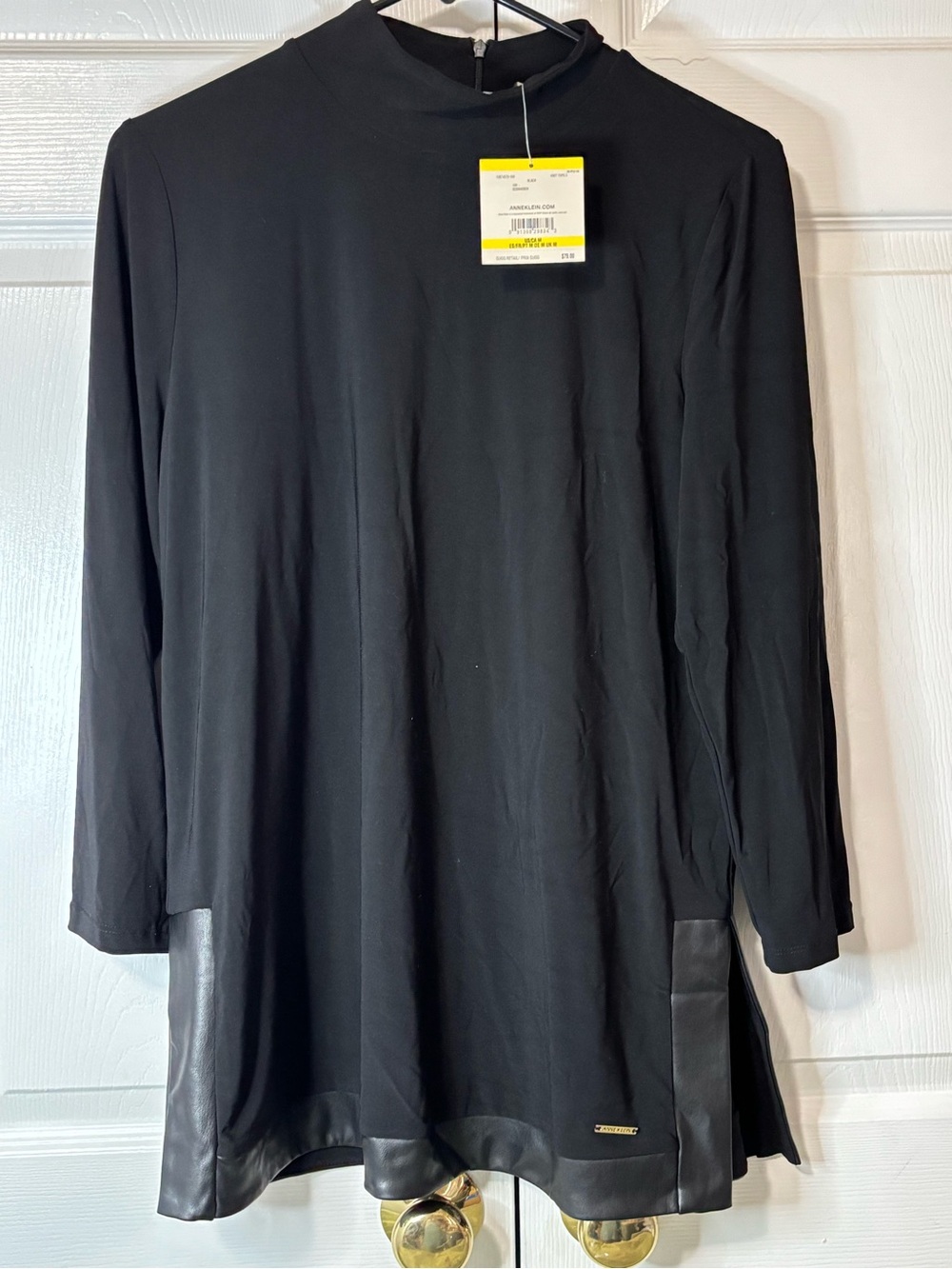 Anne Klein Black Long-Sleeve Tunic with Faux Leather Hem Sz M New